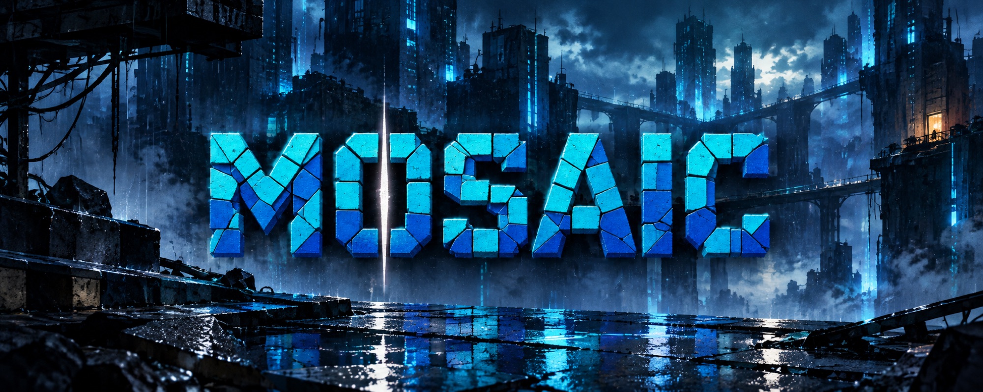 The fractured cyan and cobalt MOSAIC wordmark over a rain-soaked futuristic city